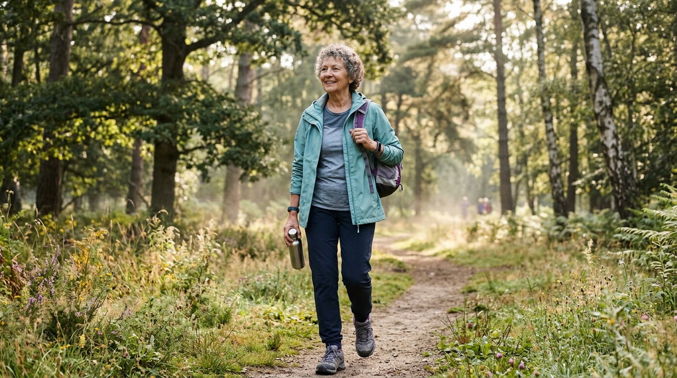 Idősebb nő reggeli séta közben természetben
