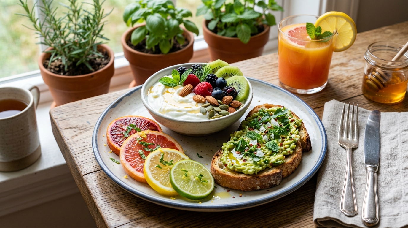 Gyógynövények, citrusfélék és egészséges reggeli tányéron